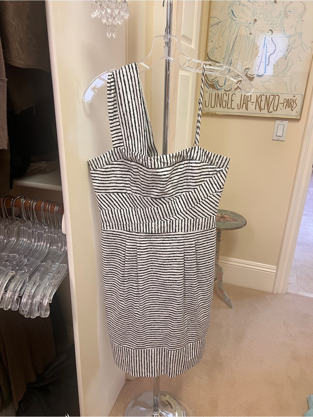 BCBGMaxAzria Black & White Striped One-Shoulder Dress